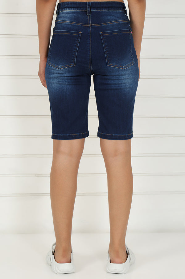Elleven Women's Blue Denim Lycra Mid Rise Mid Thigh Length Shorts with YKK Zipper