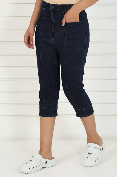 Blue Denim Lycra Mid Rise Calf Length Capri