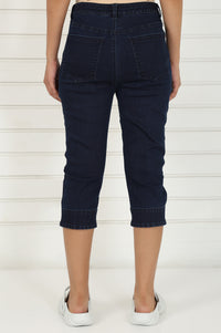 Blue Denim Lycra Mid Rise Calf Length Capri