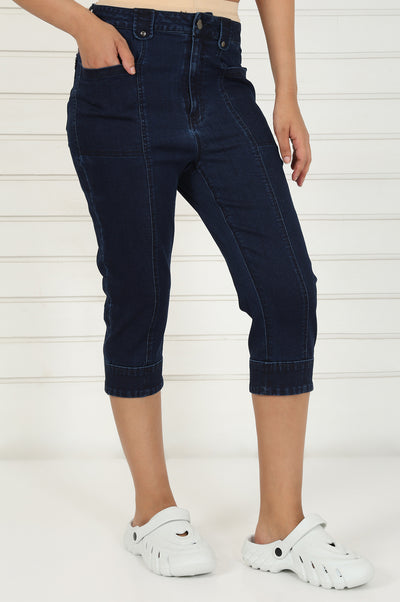 Blue Denim Lycra Mid Rise Calf Length Capri