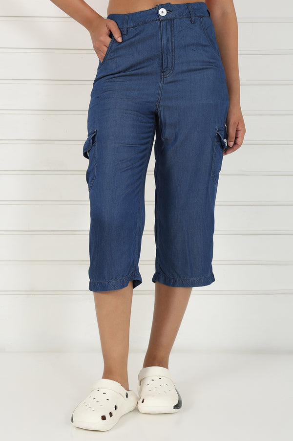 Elleven Women's Blue Linen Lyocell Mid Rise Calf Length Capri with YKK Zipper