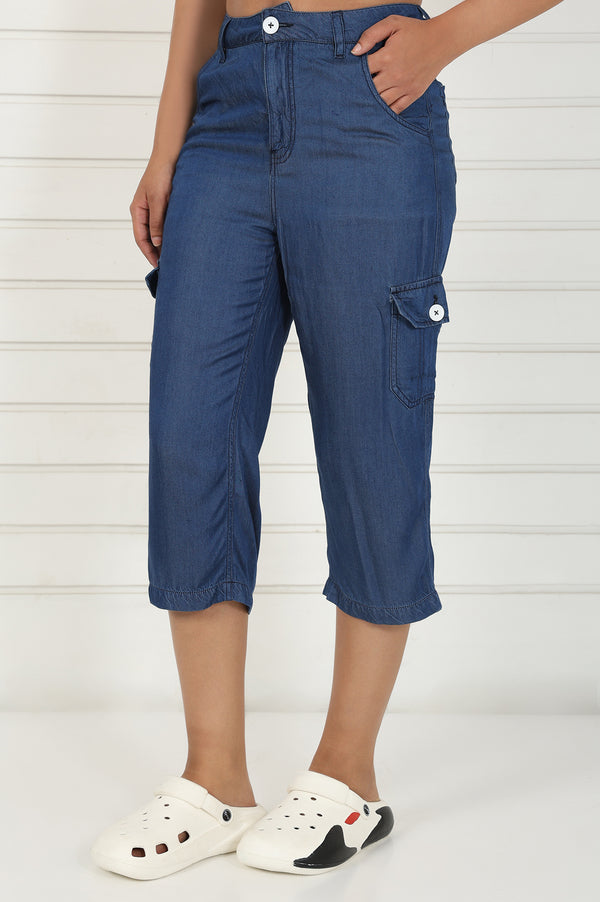 Elleven Women's Blue Linen Lyocell Mid Rise Calf Length Capri with YKK Zipper