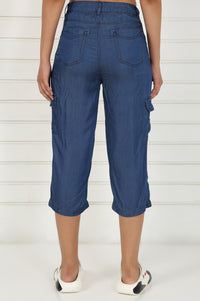 Blue Linen Lyocell Mid Rise Calf Length Capri with YKK Zipper