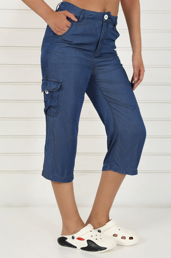 Elleven Women's Blue Linen Lyocell Mid Rise Calf Length Capri with YKK Zipper