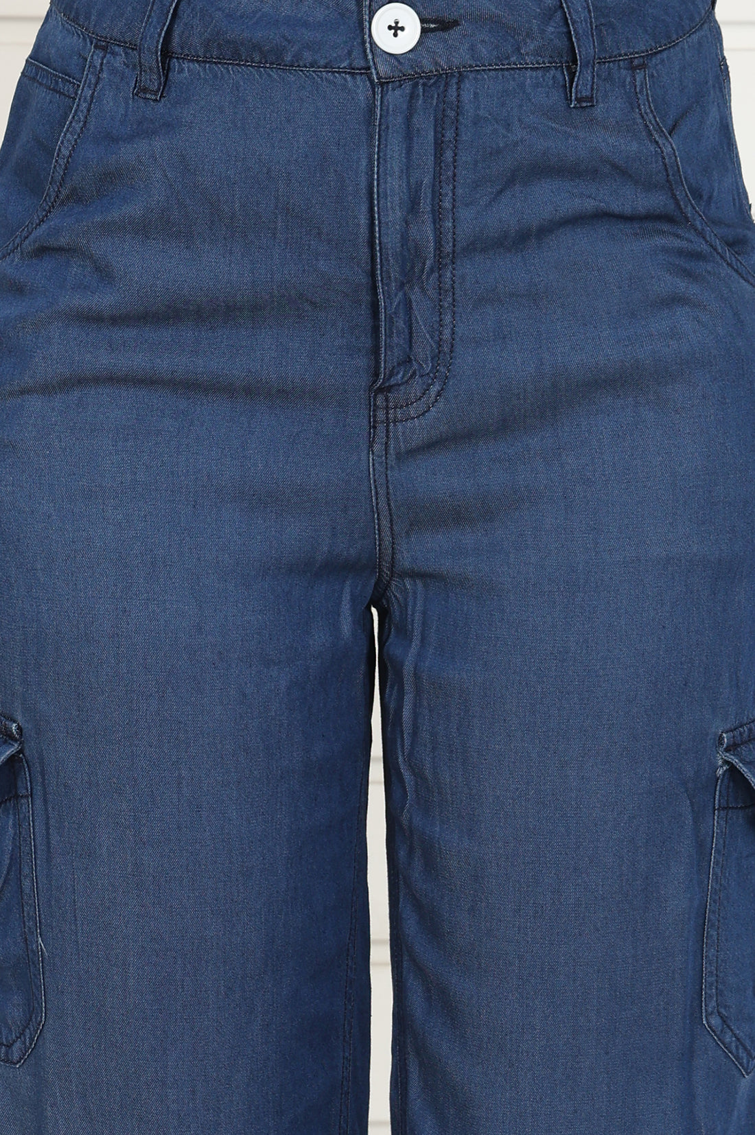 Blue Linen Lyocell Mid Rise Calf Length Capri with YKK Zipper