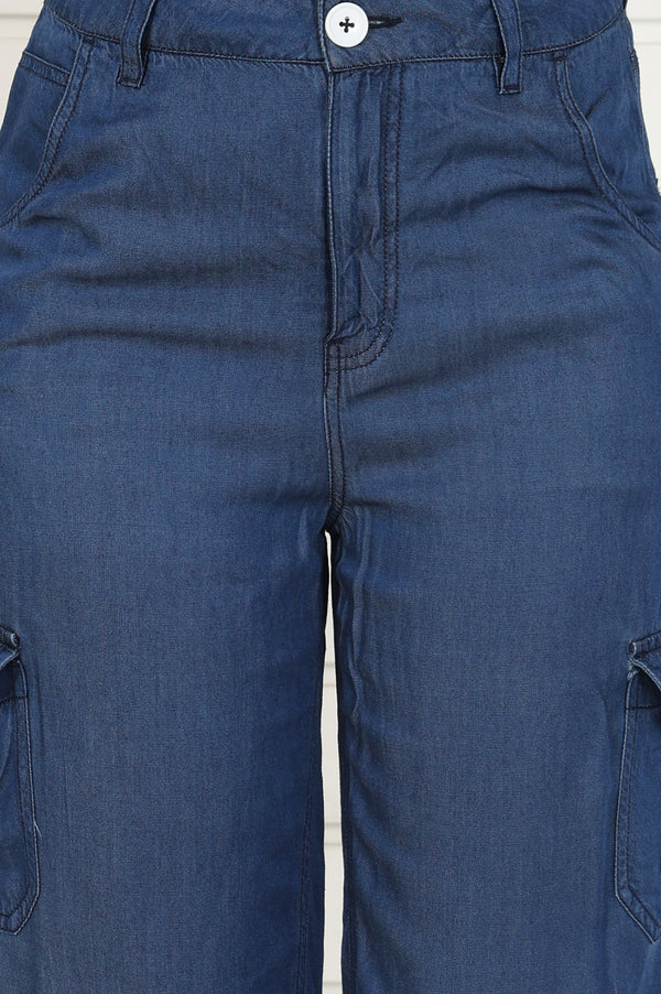 Elleven Women's Blue Linen Lyocell Mid Rise Calf Length Capri with YKK Zipper