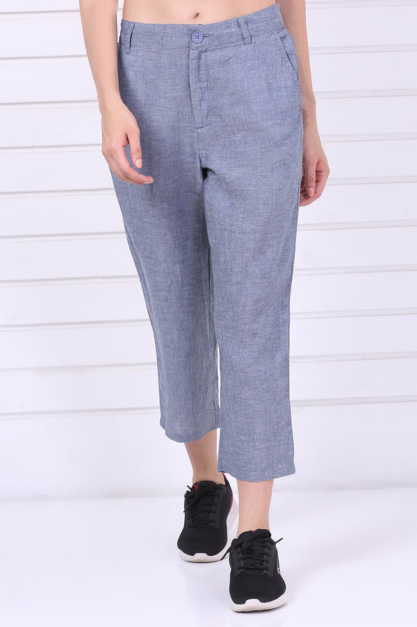 Elleven Women's Blue Solid Ankle Length Denim Linen Pants with YKK Zipper