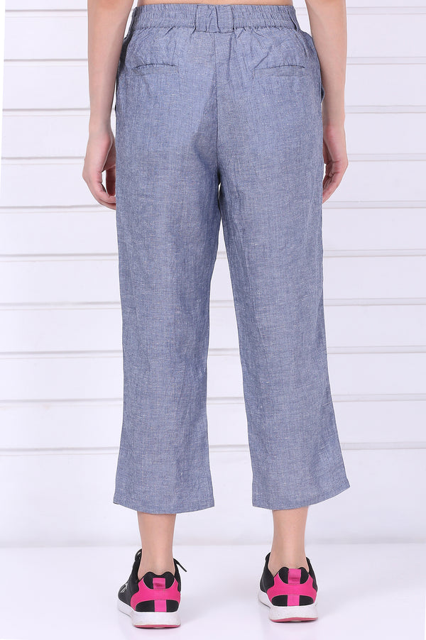 Elleven Women's Blue Solid Ankle Length Denim Linen Pants with YKK Zipper