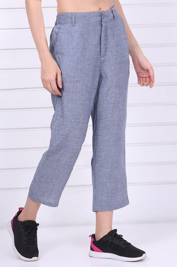 Elleven Women's Blue Solid Ankle Length Denim Linen Pants with YKK Zipper