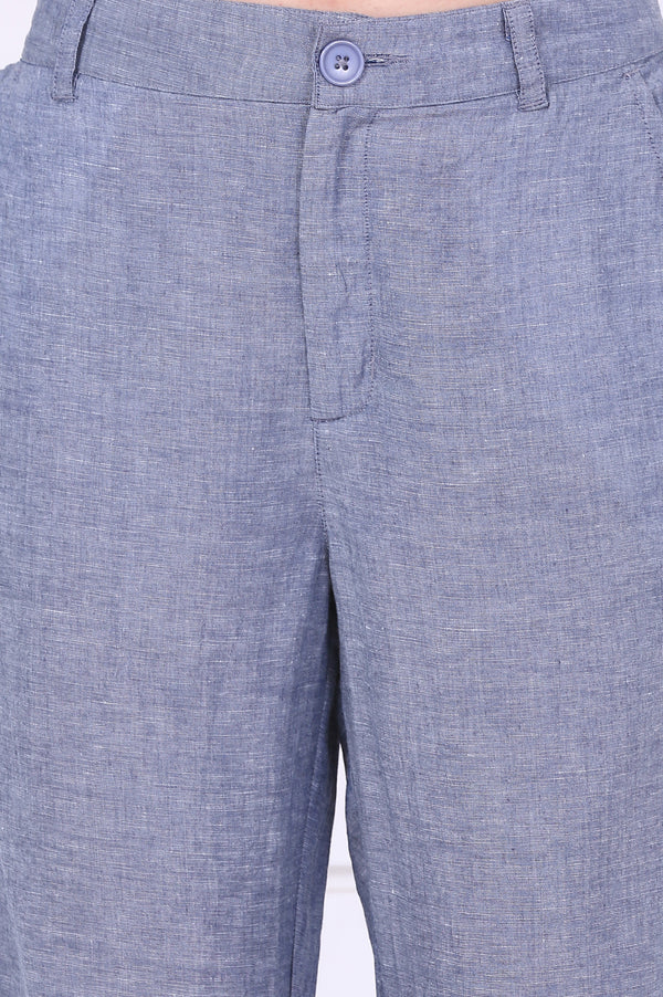 Elleven Women's Blue Solid Ankle Length Denim Linen Pants with YKK Zipper