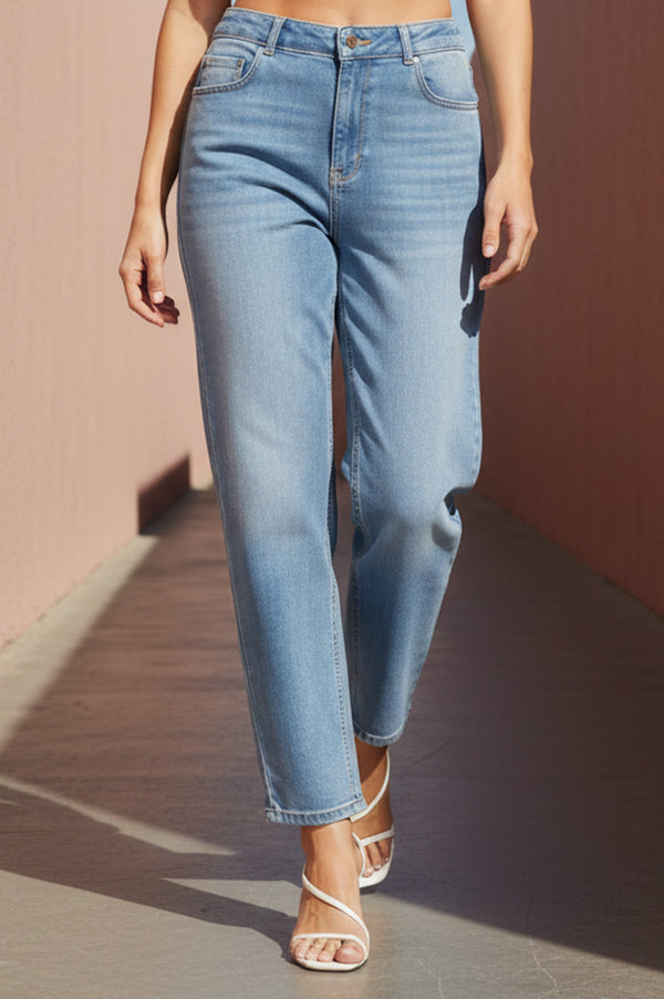 Elleven Women's Blue Solid Cotton Blend Straight Fit Ankle Length High Rise Jeans