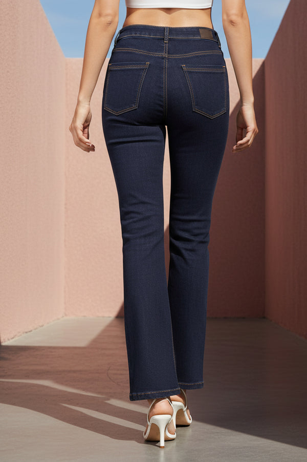 Elleven Women's Blue Solid Cotton Blend Straight Fit Ankle Length High Rise Jeans