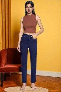 Blue Cotton Lycra Ankle Length Denim Straight Pants