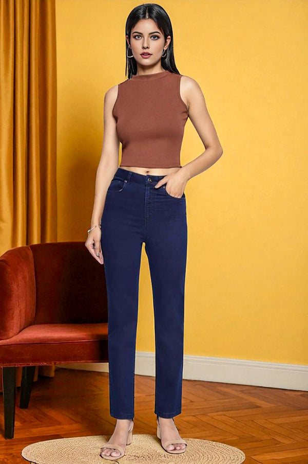 Blue Cotton Lycra Ankle Length Denim Straight Pants with YKK Zipper