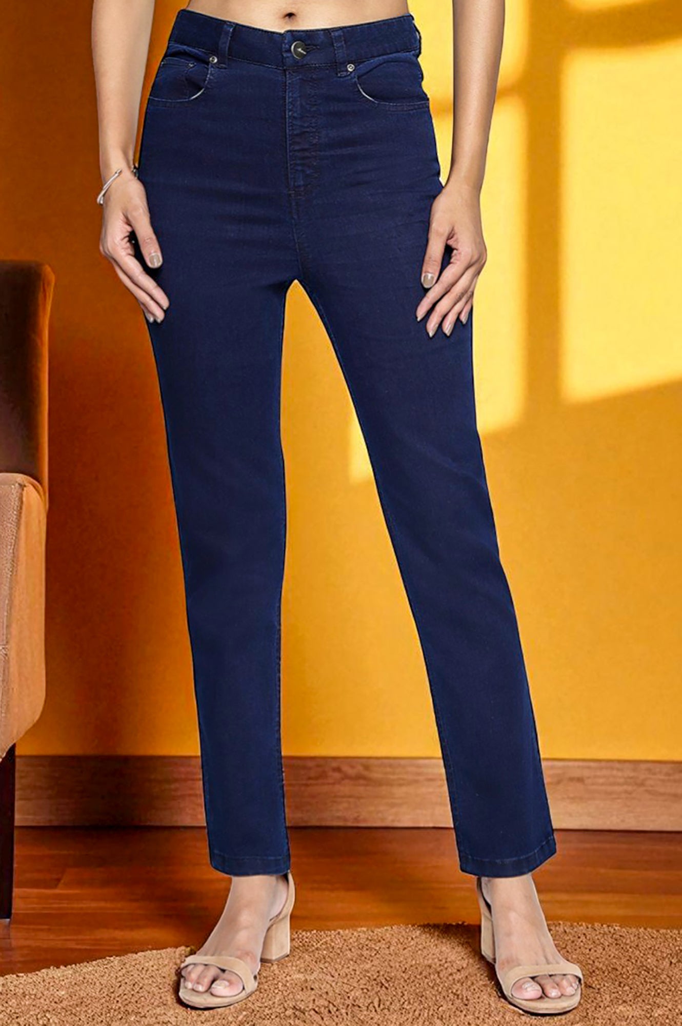 Blue Cotton Lycra Ankle Length Denim Straight Pants
