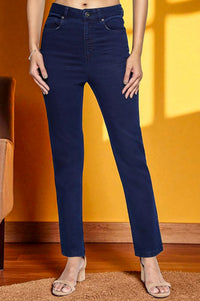 Blue Cotton Lycra Ankle Length Denim Straight Pants