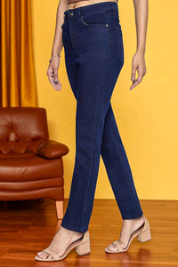 Blue Cotton Lycra Ankle Length Denim Straight Pants