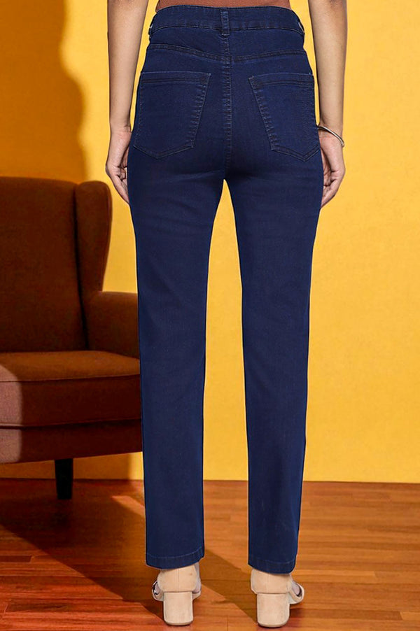 Blue Cotton Lycra Ankle Length Denim Straight Pants with YKK Zipper