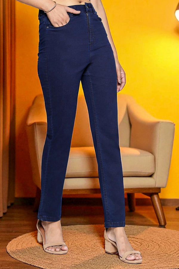 Blue Cotton Lycra Ankle Length Denim Straight Pants with YKK Zipper