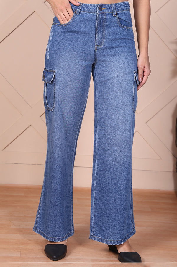 Elleven Women's Blue Solid Denim Relaxed Fit Cargo