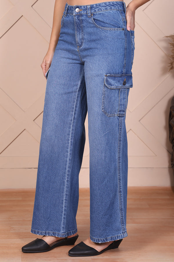 Elleven Women's Blue Solid Denim Relaxed Fit Cargo