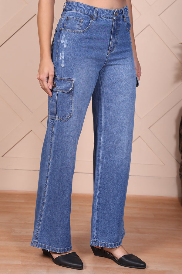 Elleven Women's Blue Solid Denim Relaxed Fit Cargo