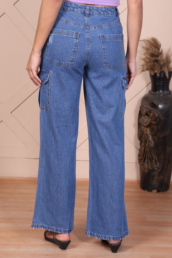 Elleven Women's Blue Solid Denim Relaxed Fit Cargo