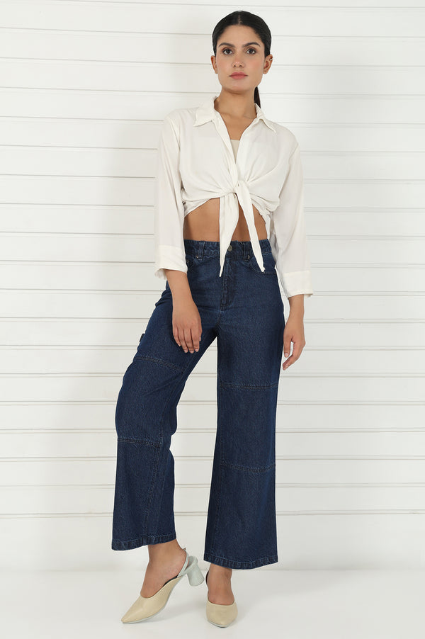 Elleven Women's Blue Denim Mid Rise Ankle Length Flared Pants with YKK Zipper