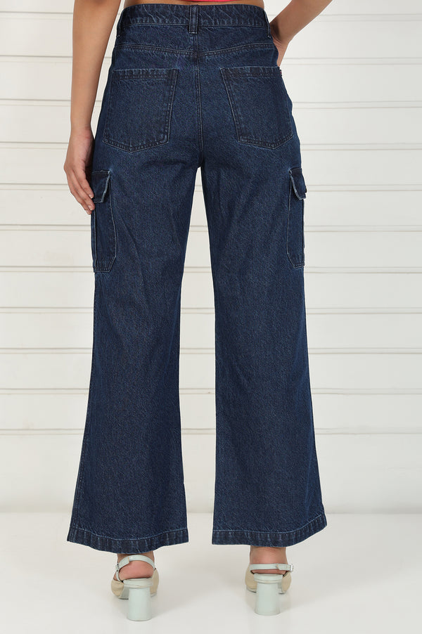 Elleven Women's Blue Denim Mid Rise Ankle Length Flared Pants with YKK Zipper