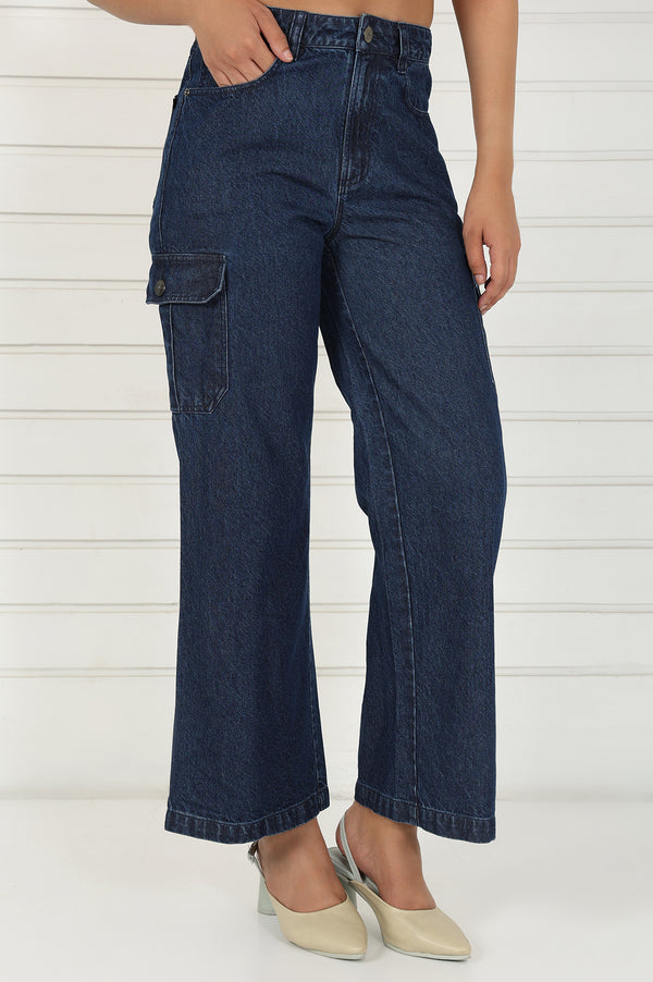 Elleven Women's Blue Denim Mid Rise Ankle Length Flared Pants with YKK Zipper