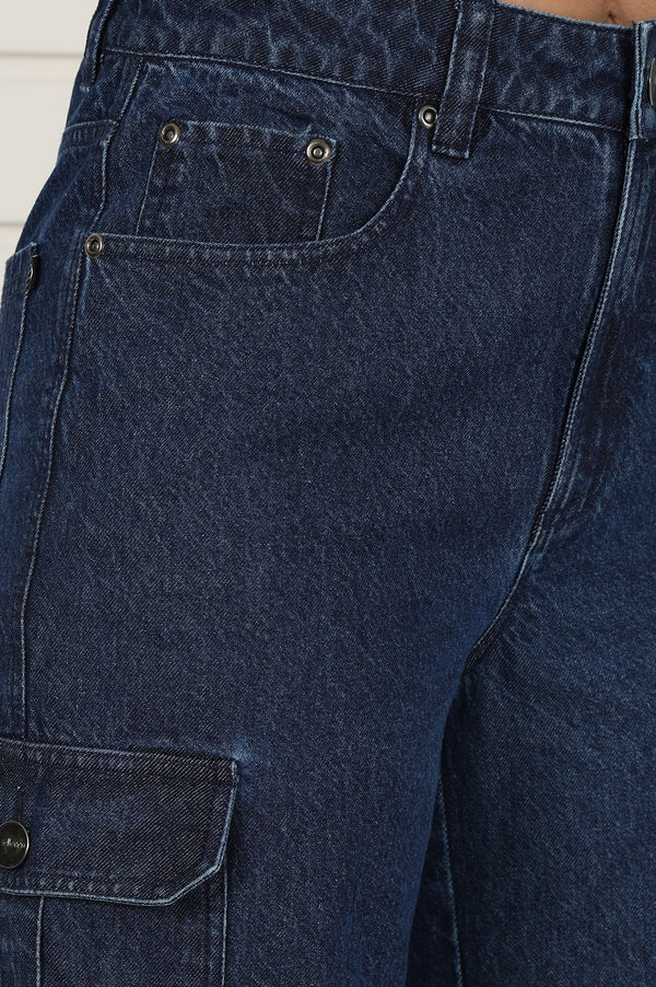 Elleven Women's Blue Denim Mid Rise Ankle Length Flared Pants with YKK Zipper