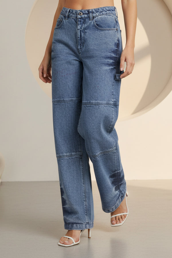 Elleven Women's Blue Pure Cotton Wide Leg High Rise Jeans