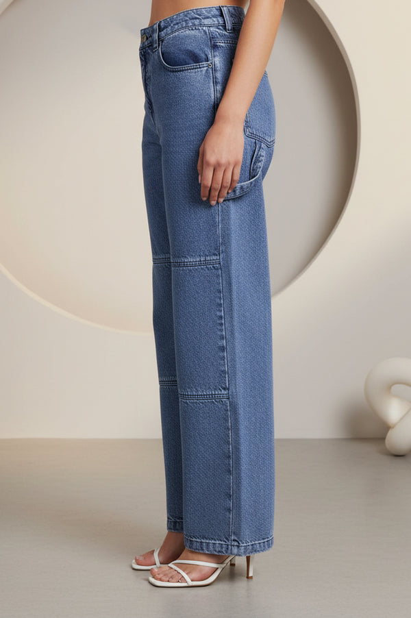 Elleven Women's Blue Pure Cotton Wide Leg High Rise Jeans