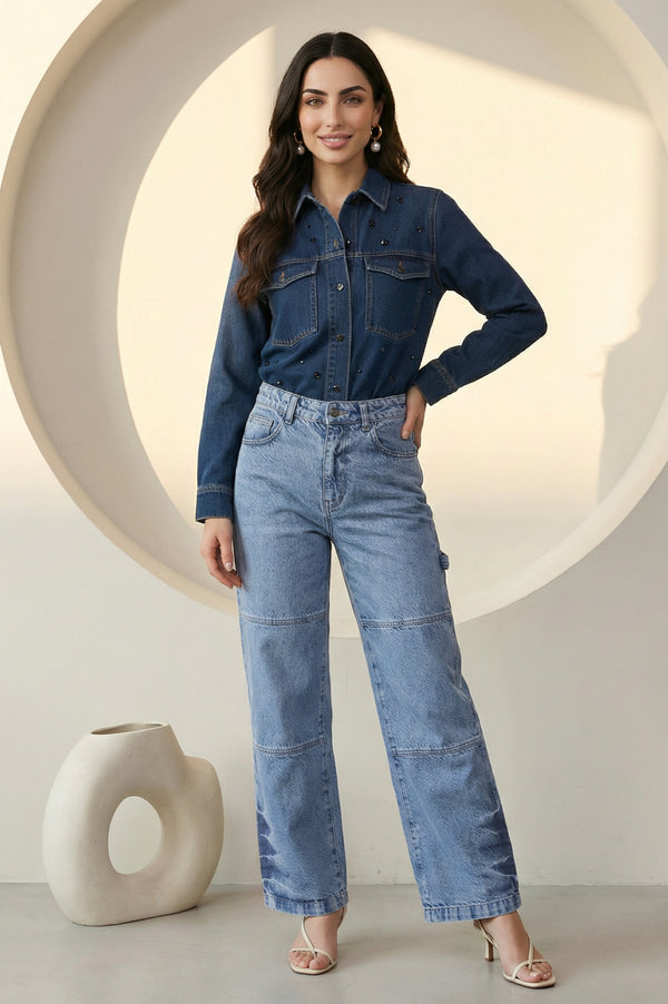 Elleven Women's Blue Pure Cotton Wide Leg High Rise Jeans