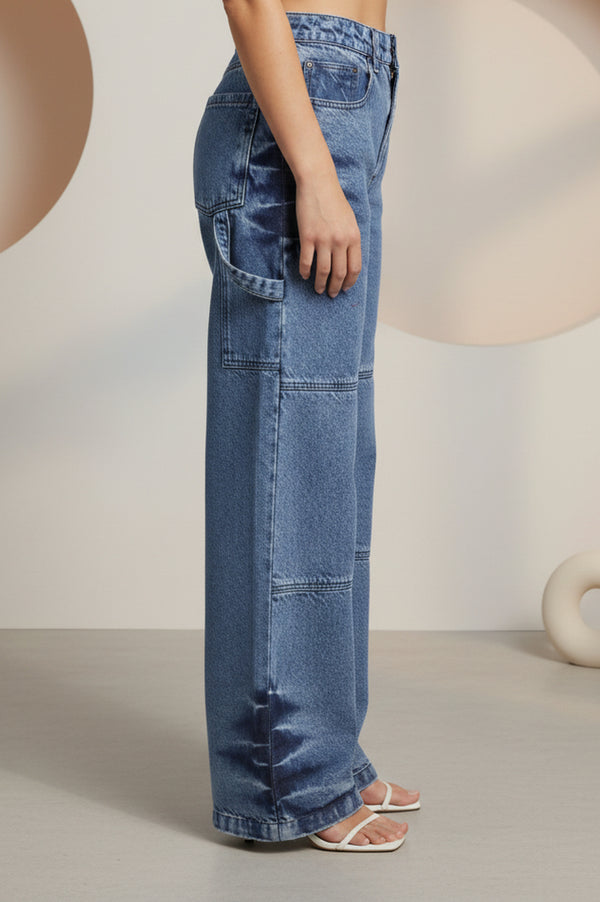 Elleven Women's Blue Pure Cotton Wide Leg High Rise Jeans