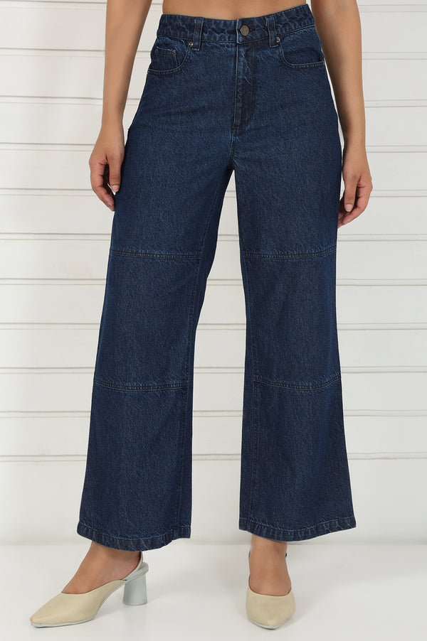 Elleven Women's Blue Denim Mid Rise Ankle Length Flared Pants with YKK Zipper