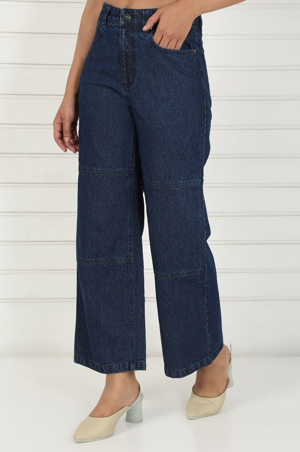 Elleven Women's Blue Denim Mid Rise Ankle Length Flared Pants with YKK Zipper