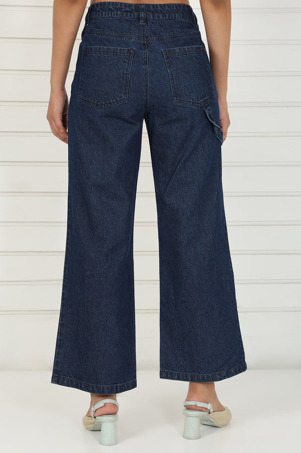 Elleven Women's Blue Denim Mid Rise Ankle Length Flared Pants with YKK Zipper