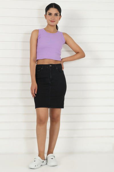 Black Denim Lycra Mid Rise Mid Thigh Length Skirt