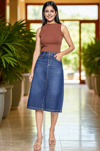 Blue Pure Cotton Straight Denim Midi Skirt