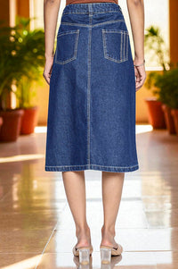 Blue Pure Cotton Straight Denim Midi Skirt