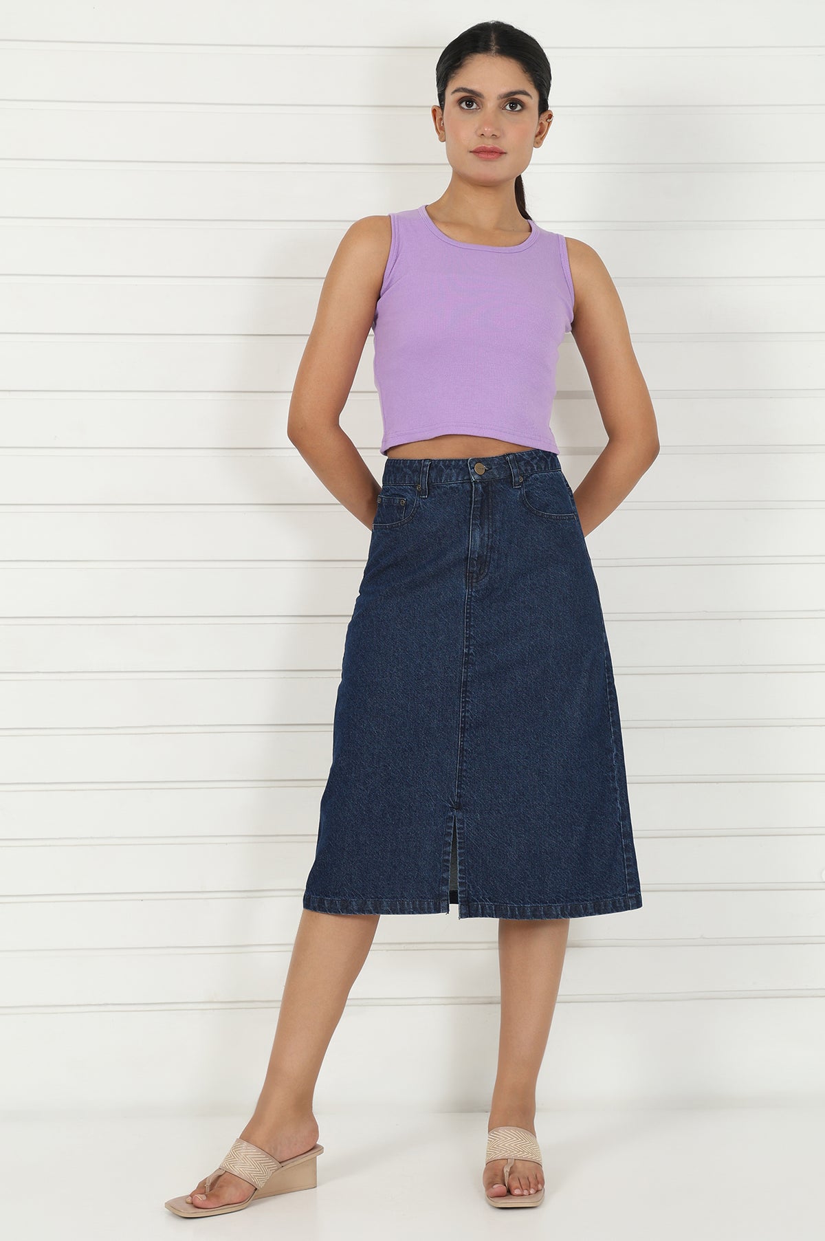 Elleven Women's Blue Denim Mid Rise Calf Length Skirt with YKK Zipper - S