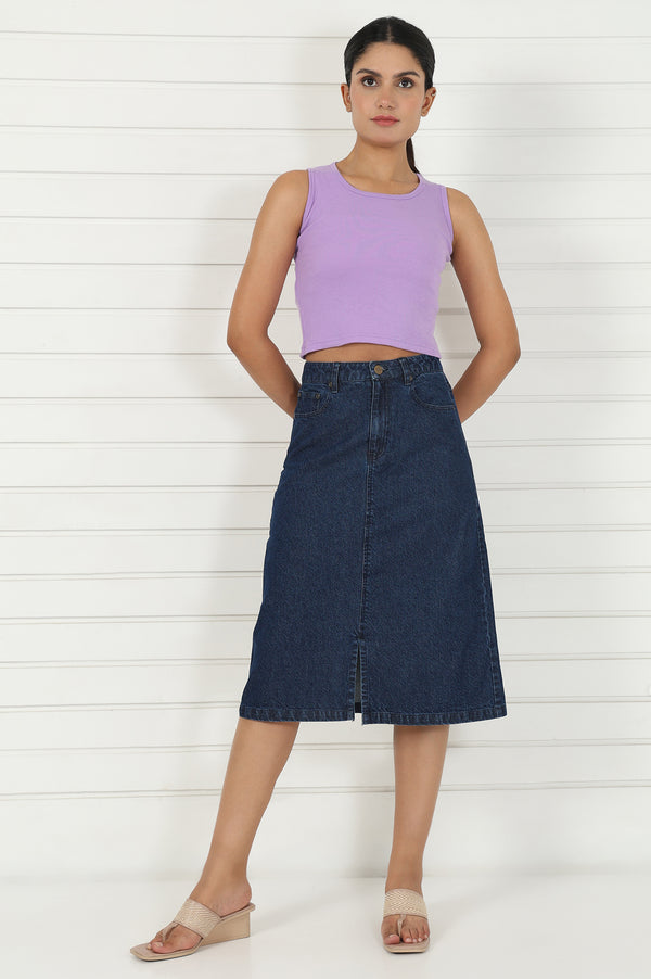 Blue Denim Mid Rise Calf Length Skirt with YKK Zipper