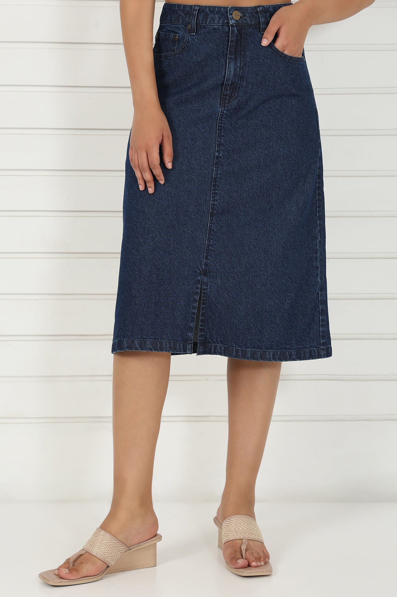 Blue Denim Mid Rise Calf Length Skirt
