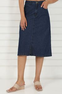 Blue Denim Mid Rise Calf Length Skirt