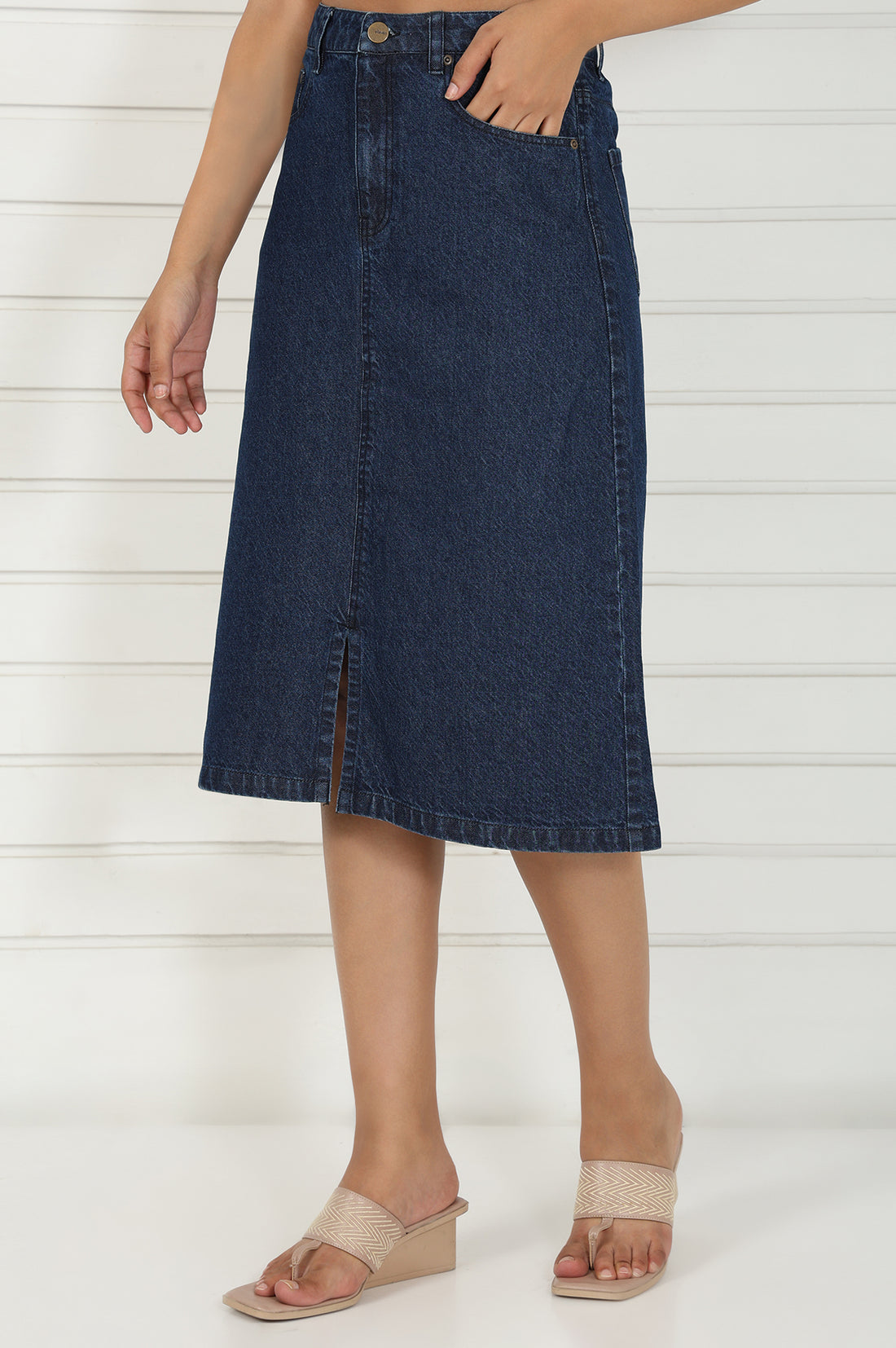 Blue Denim Mid Rise Calf Length Skirt with YKK Zipper