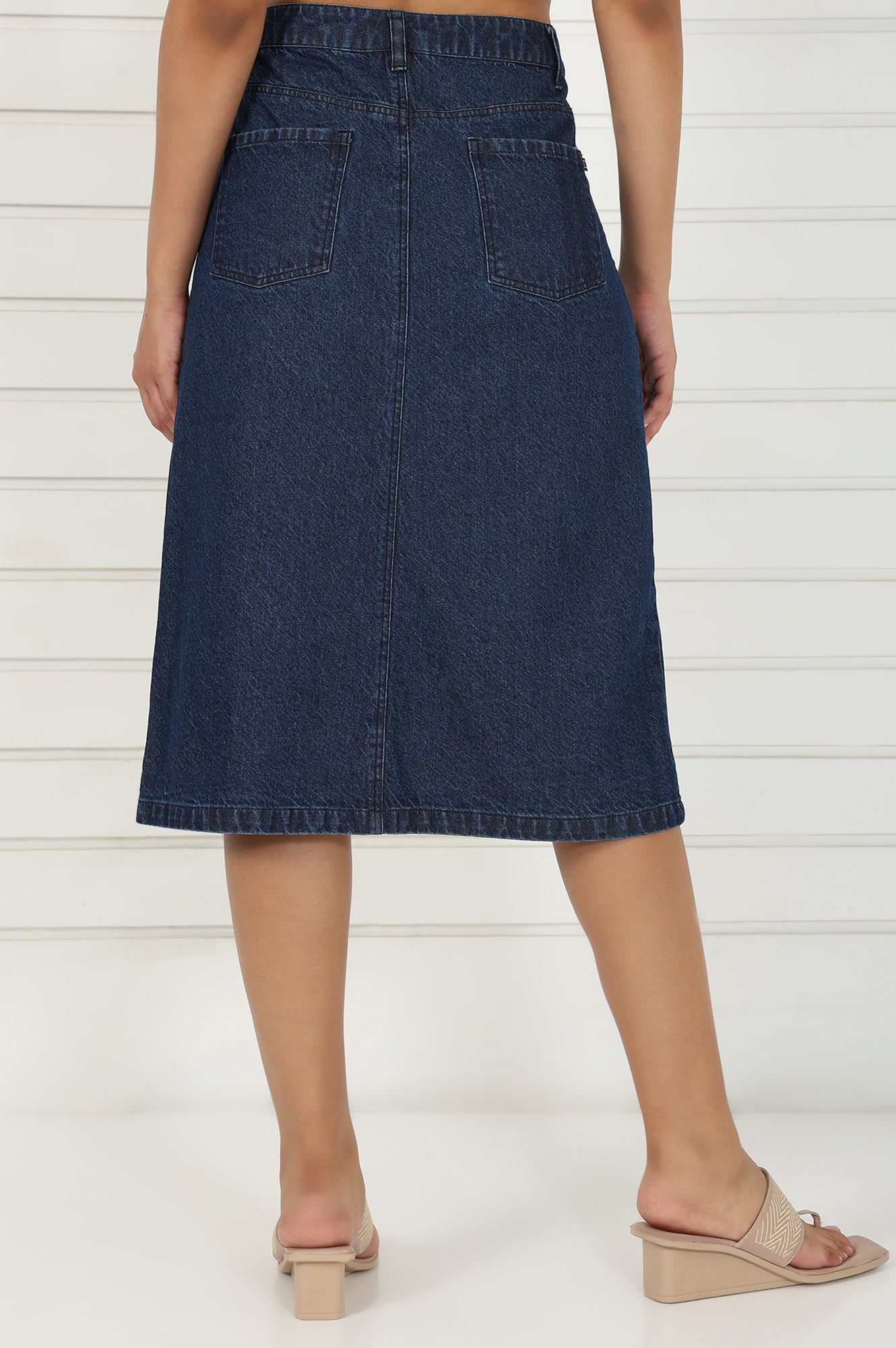 Blue Denim Mid Rise Calf Length Skirt