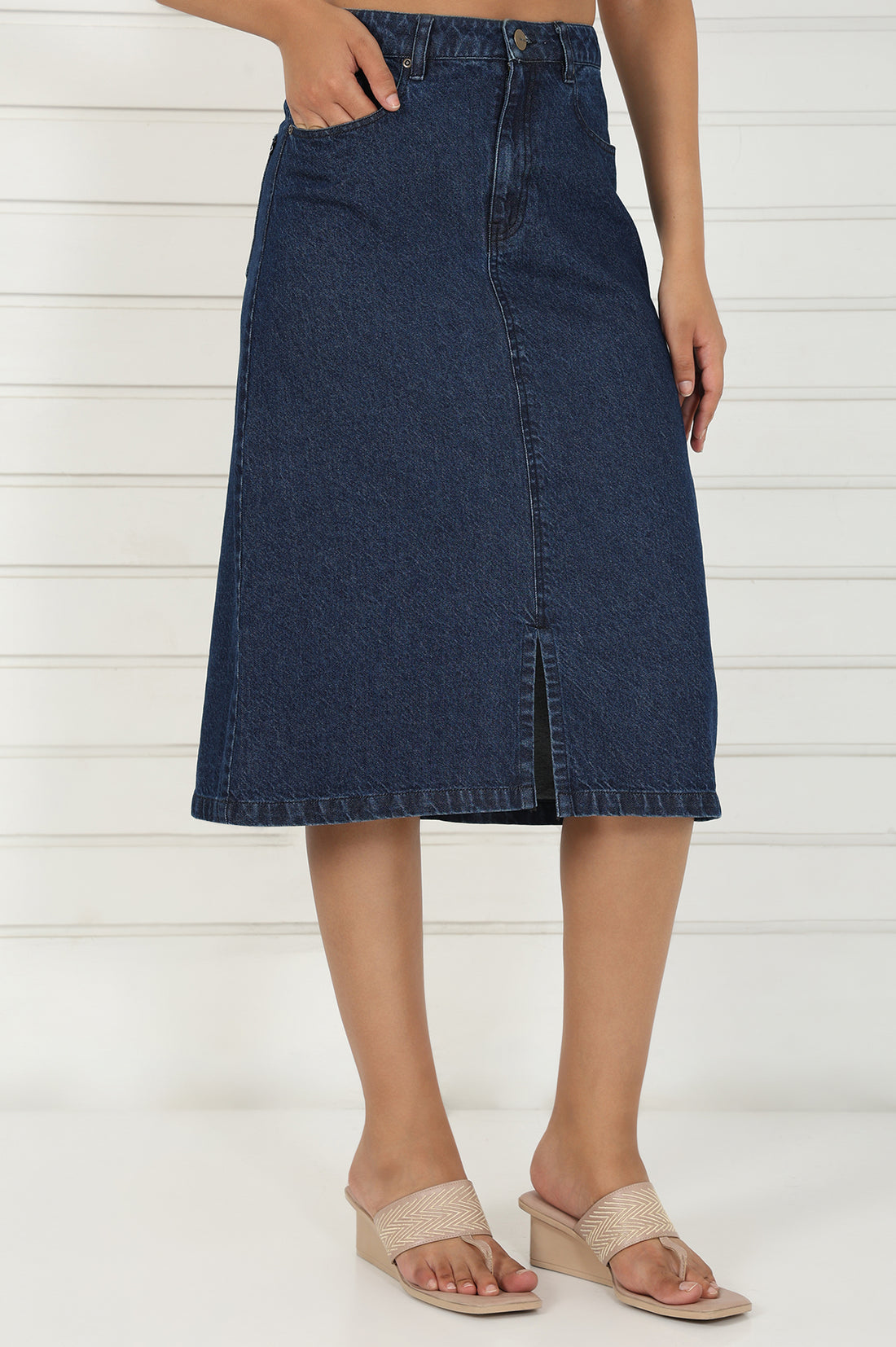 Blue Denim Mid Rise Calf Length Skirt with YKK Zipper