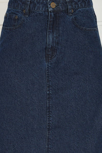 Blue Denim Mid Rise Calf Length Skirt