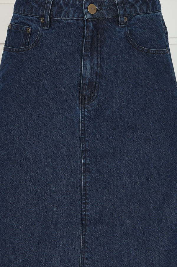 Blue Denim Mid Rise Calf Length Skirt with YKK Zipper
